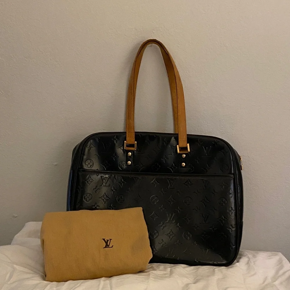 Louis Vuitton Black Monogram Embossed Laptop Bag with Tan Handles - Picture 2 of 12